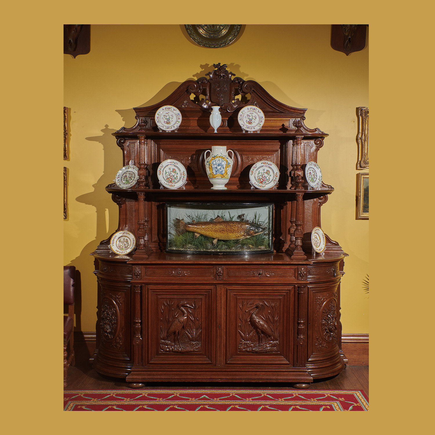 Large Tiered Oak Sideboard, with Carved Panels Throughout.